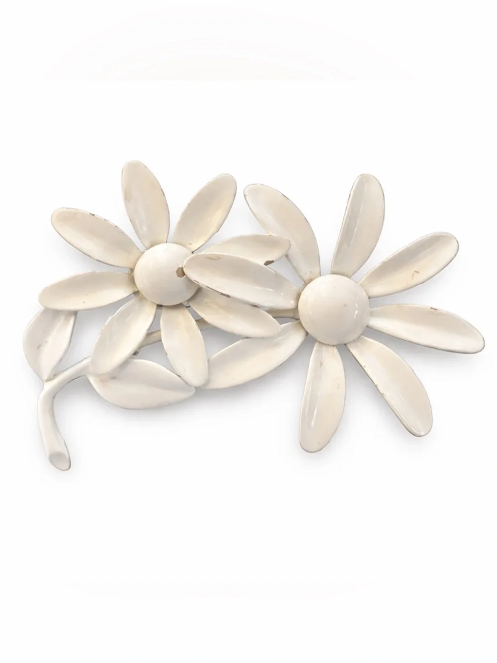 Vintage‎ White Enamel Double Daisy Brooch Mid Century Cottagecore Floral Pin